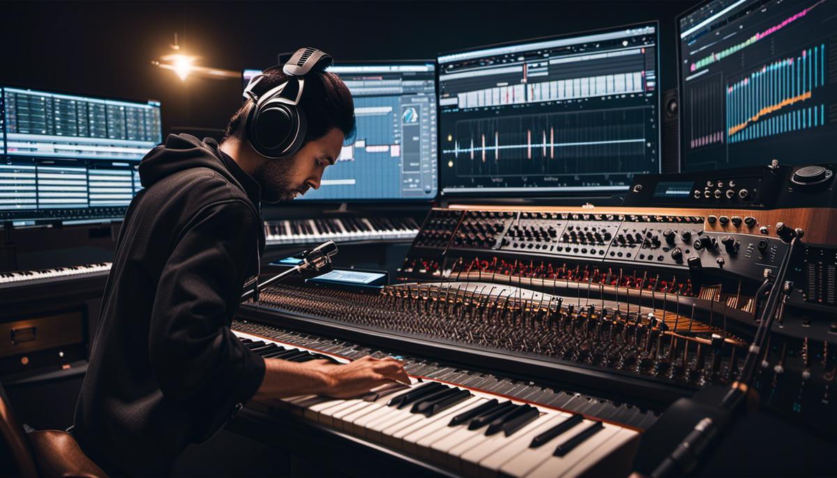 An image illustrating the concept of AI in music production, showcasing a blend of technology and musical instruments.