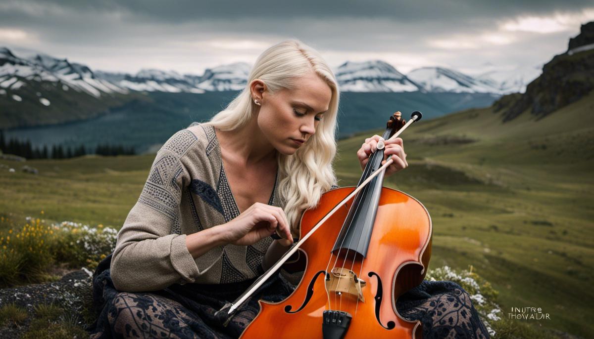 Image of Anna Thorvaldsdottir composing with nature-inspired visuals in the background