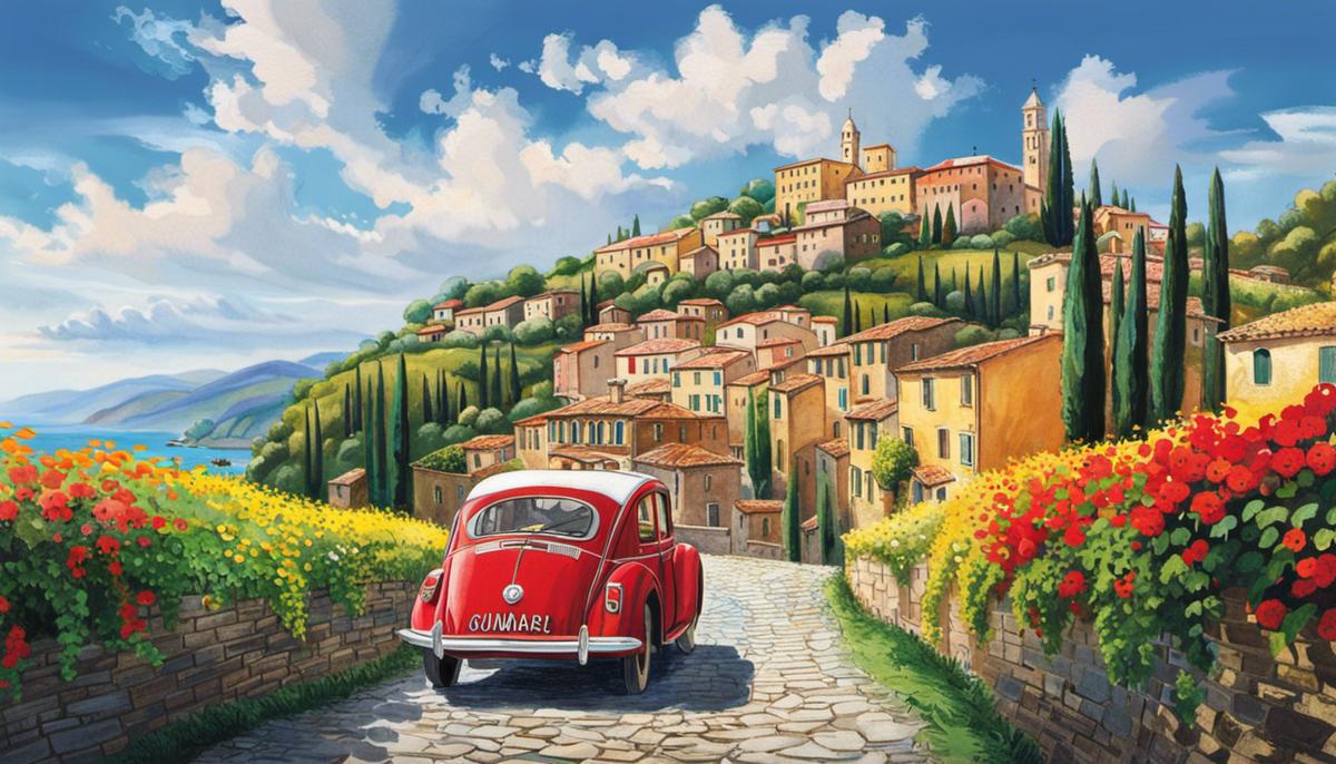 Cover art depicting the journey of Harold in Italy, with vibrant colors and scenic landscapes.