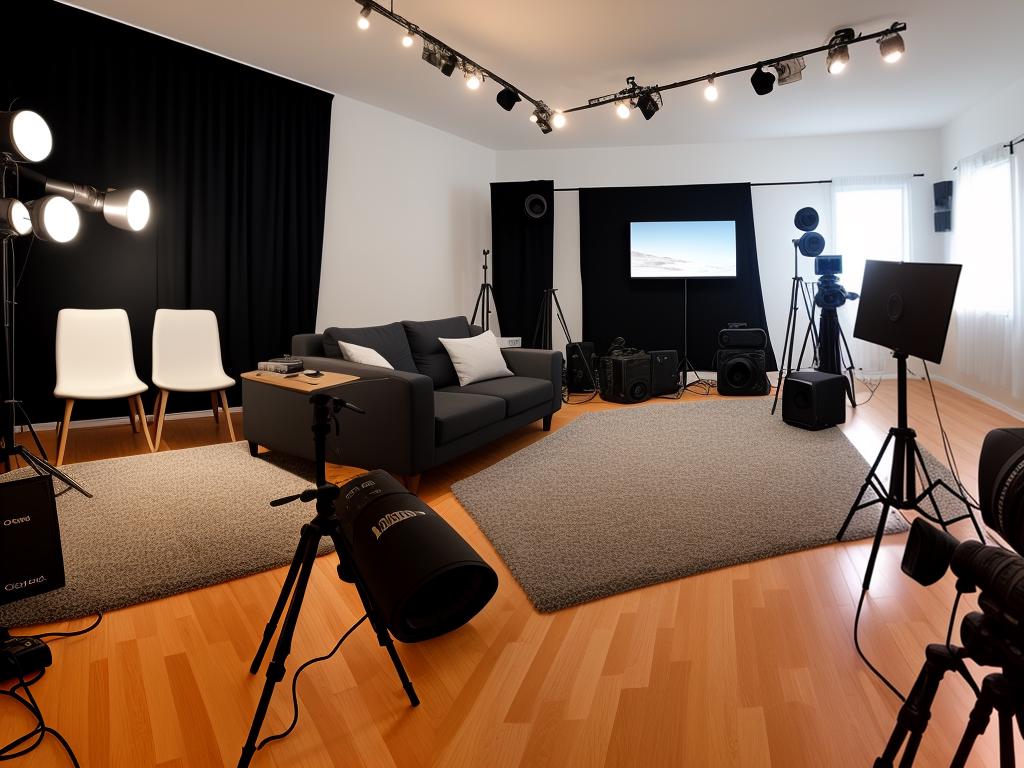 Photograph of a home studio setup with lights and camera equipment.