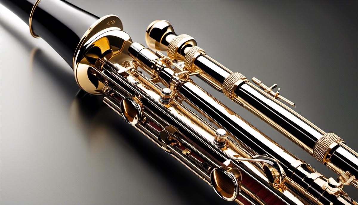 A detailed image showcasing the transformation of the bassoon in the 20th and 21st centuries, from its traditional role in orchestras to its adaptability in different music genres. The image depicts a classic bassoon design evolving into a modernized version with innovative features.