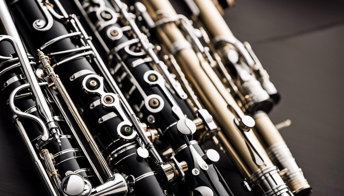 Two clarinets facing each other, ready for a duet performance