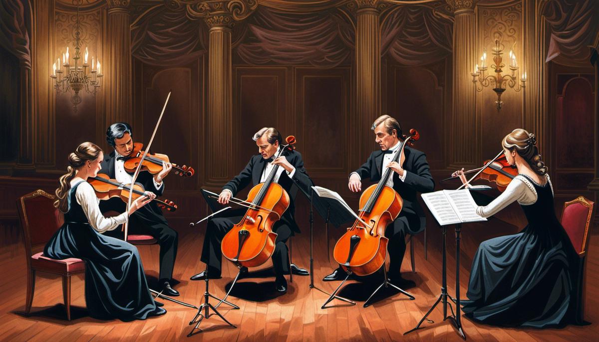 Illustration of a classical-era string quartet ensemble performing on stage