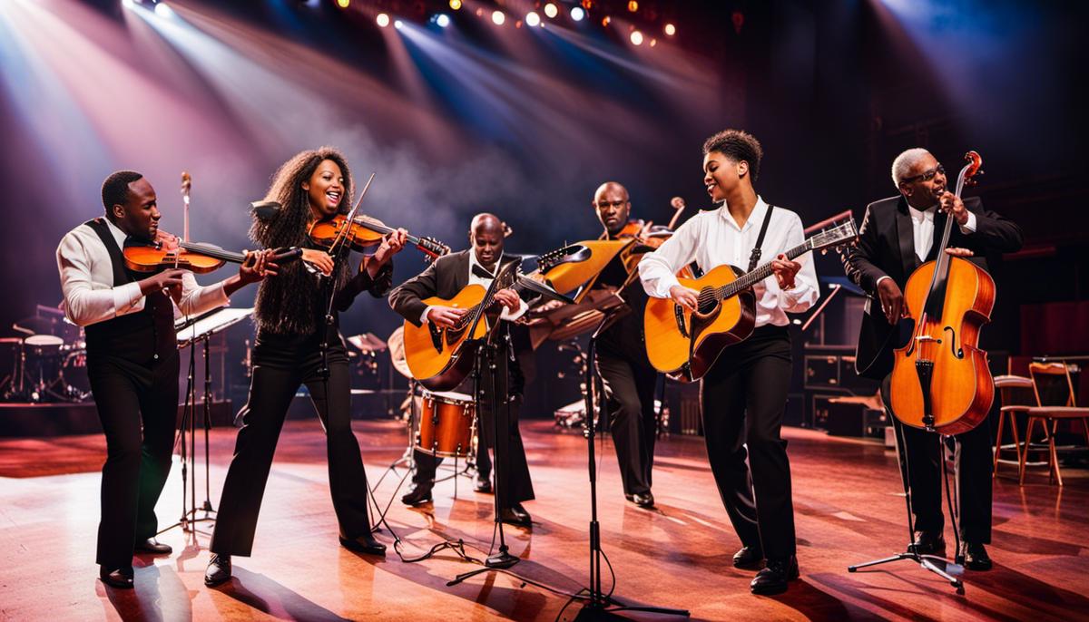An image depicting a group of musicians performing together on a stage.
