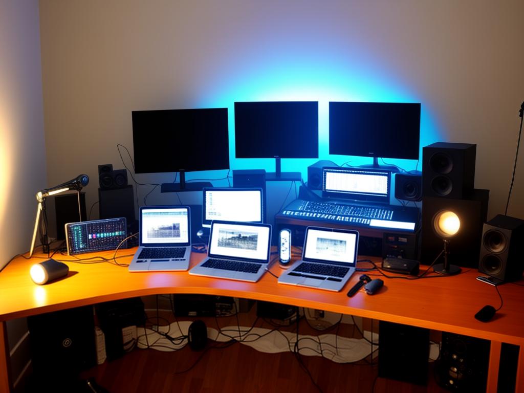 A photo of a home studio setup with various lighting equipment and a camera.