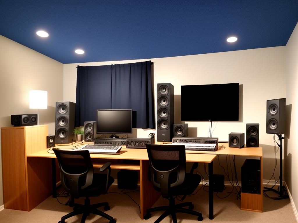 Image describing the process of setting up a home studio, with a person arranging equipment and soundproofing materials.