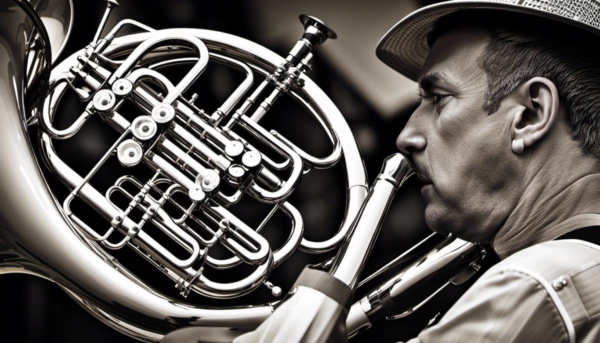 Image of a person playing the French horn and the English horn side by side, representing the challenges of mastering both instruments.