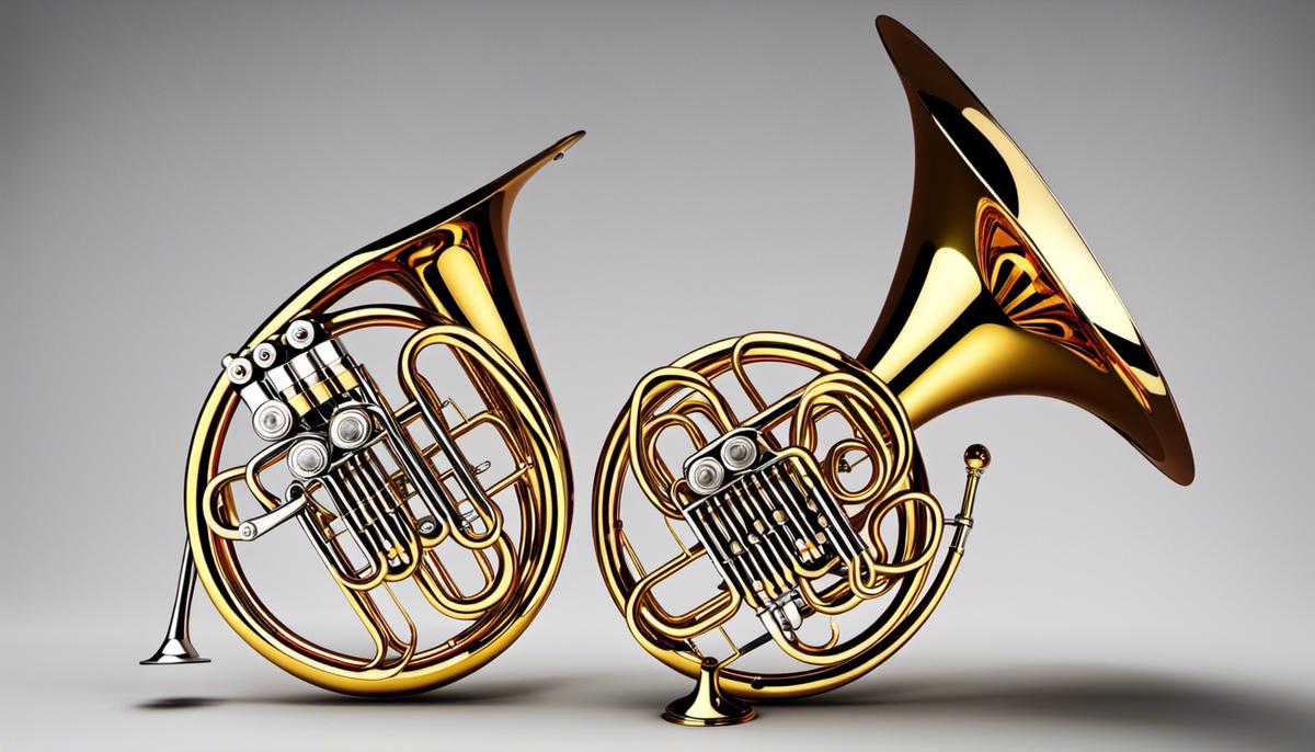 Comparison of a French Horn and an English Horn. The French Horn is metallic and coiled, while the English Horn is made of wood and has a more elongated shape. The image highlights their distinct physical characteristics.