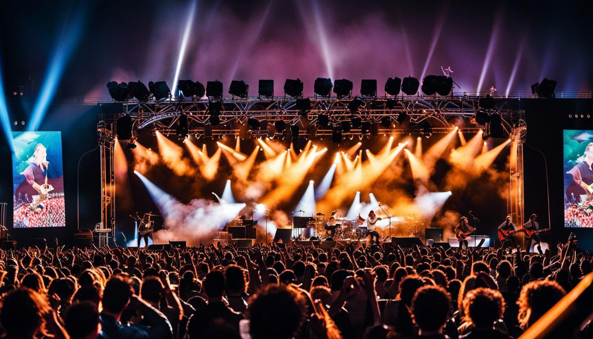 A vivid photo capturing a live music event filled with energetic performances and a large crowd.