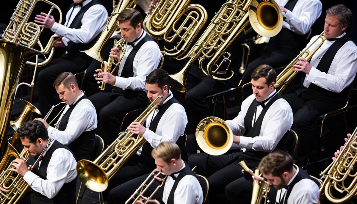 A group of low brass musicians performing on stage