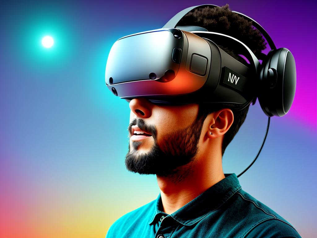 Illustration of a person wearing a virtual reality headset while listening to music in a digital landscape.