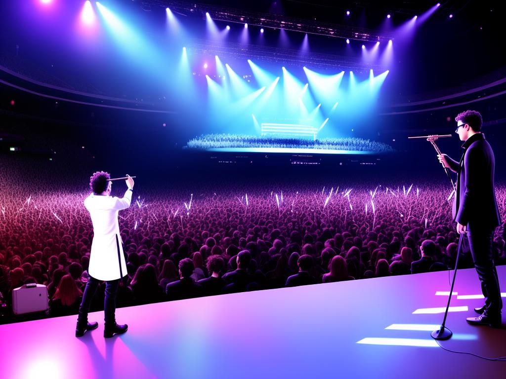 Image depicting a virtual concert experience in the metaverse, showing musicians performing in a 3D environment with an audience interacting and observing from different angles.