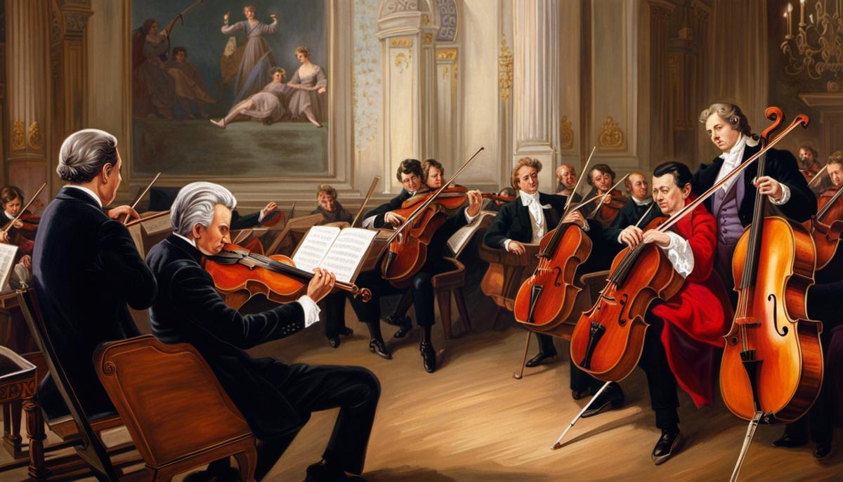 Image depicting Mozart playing the viola alongside a violinist in an orchestra.