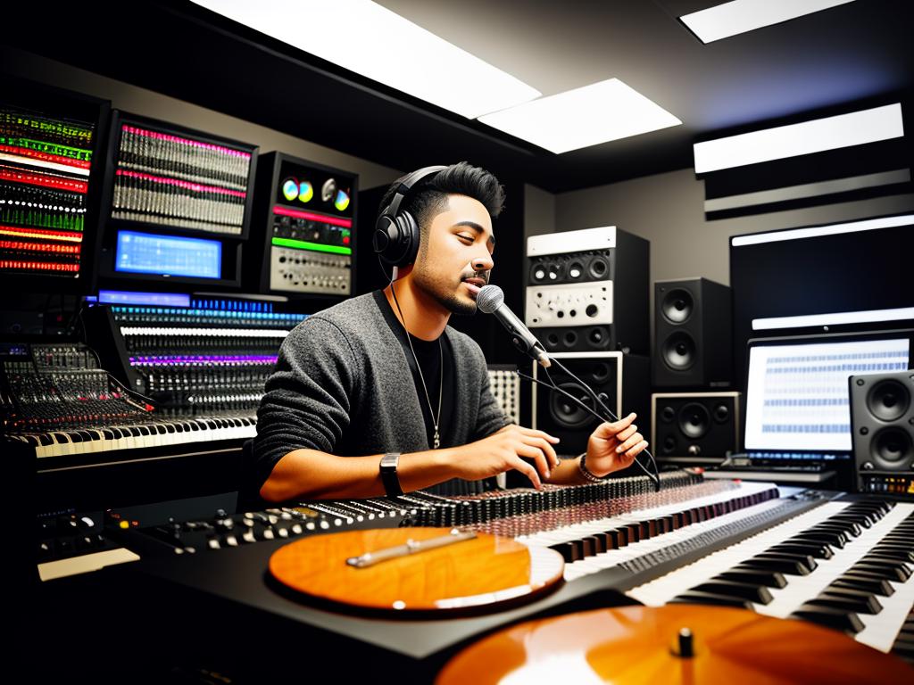 Image of a music producer working in a recording studio with various instruments, representing the music industry and royalties.
