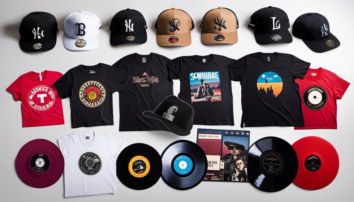 A diverse collection of music merchandise items, including t-shirts, vinyl records, hats, and stickers.