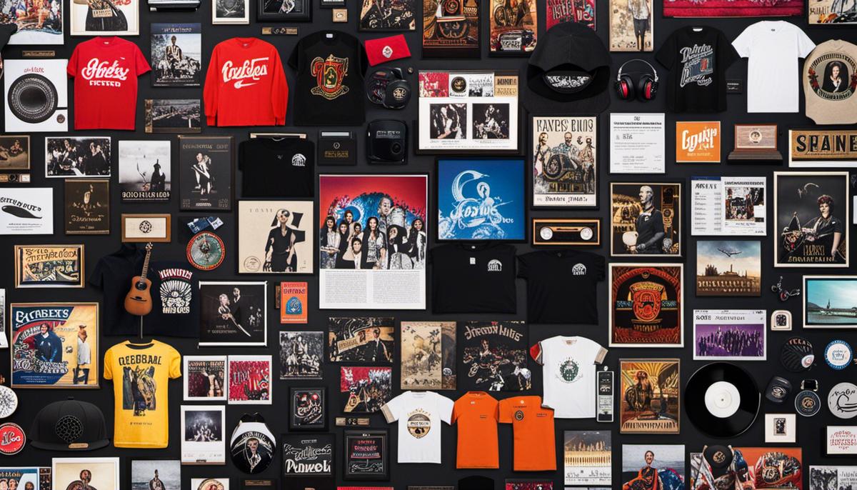 A photo showcasing a variety of music merchandise from different bands and artists.