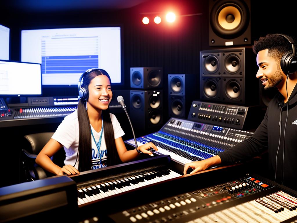 Image illustrating the concept of music royalties, depicting a producer in a recording studio.