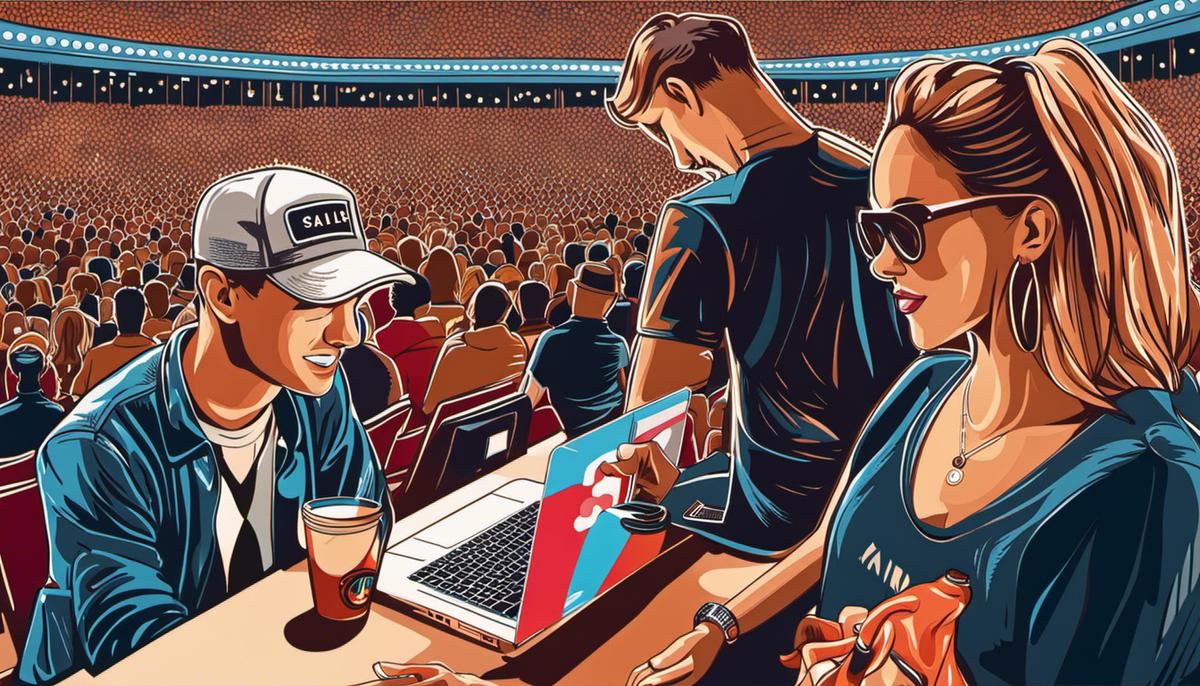 Illustration showing a person browsing an online store and a person purchasing merchandise at a concert.