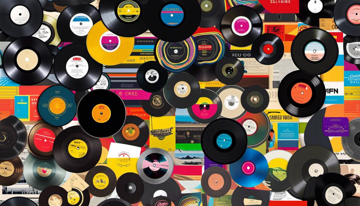 The image shows a collection of vinyl records with various colorful labels, symbolizing the diversity and significance of record labels in the music industry.