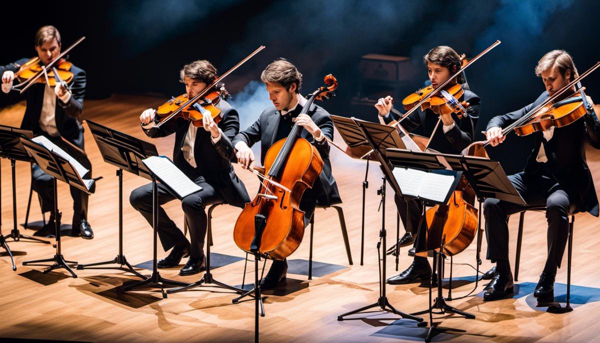Image of different string quartets performing on a stage