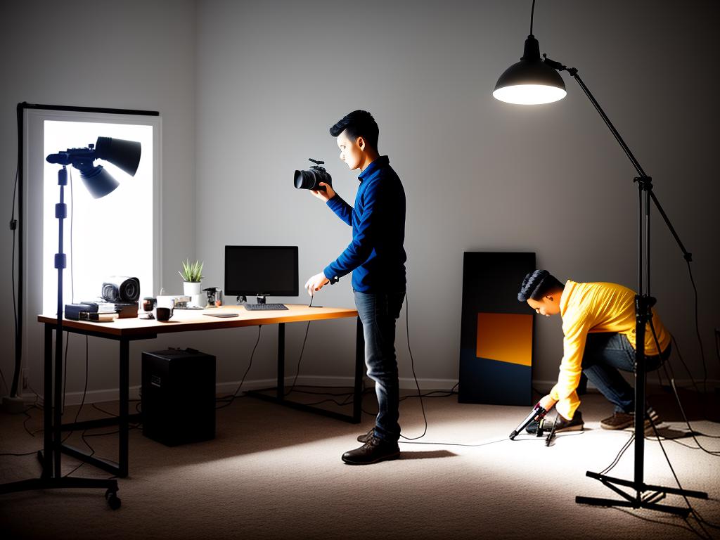 Photographer adjusting studio lights